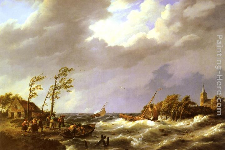 Dutch Fishing Vessel caught on a Lee Shore with Villagers and a Rescue Boat in the foreground painting - Johannes Hermanus Koekkoek Dutch Fishing Vessel caught on a Lee Shore with Villagers and a Rescue Boat in the foreground art painting